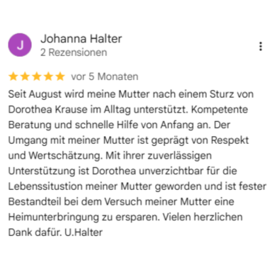 Erfahrung eines Angehörigen mit unserer Betreuung Positive Kundenbewertung zur Alltagsbegleitung für Senioren in Korschenbroich